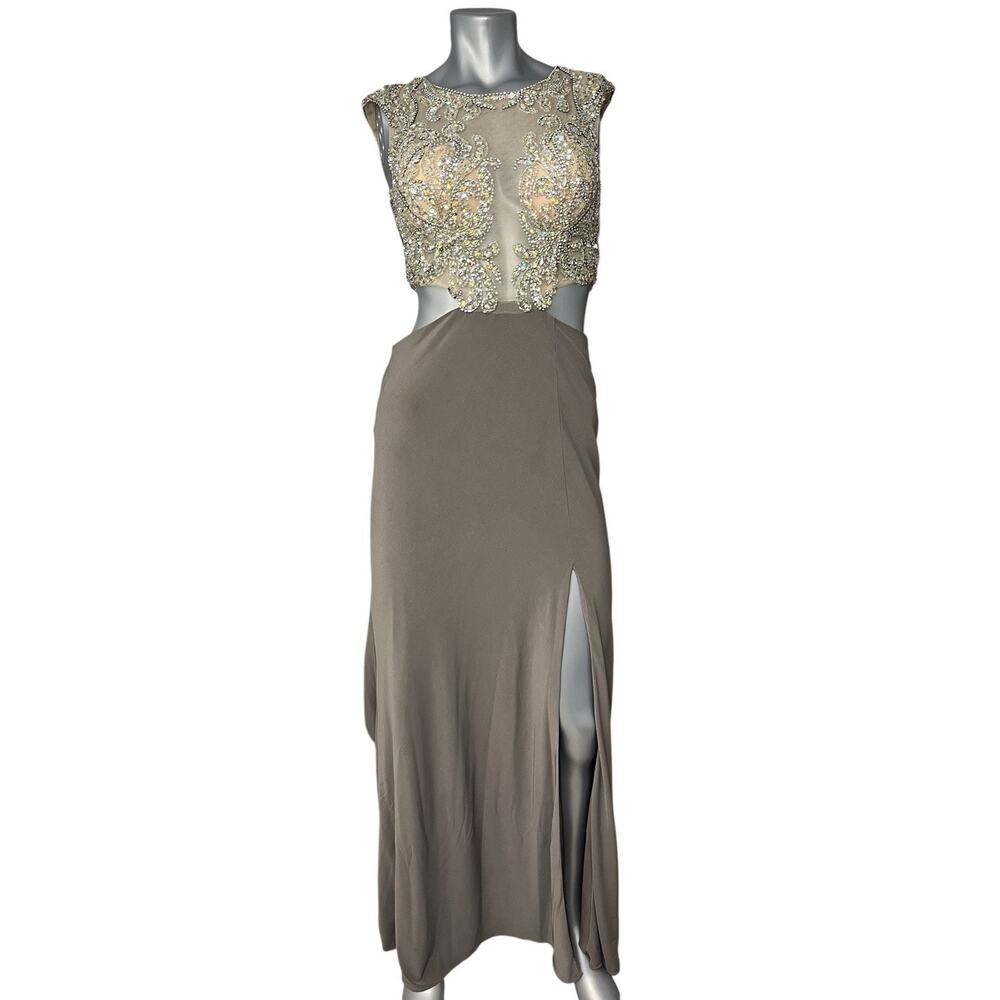 Jasz Couture Dress Taupe Size 4 Prom Dress Cut Out Sequins Sheer Gown Formal